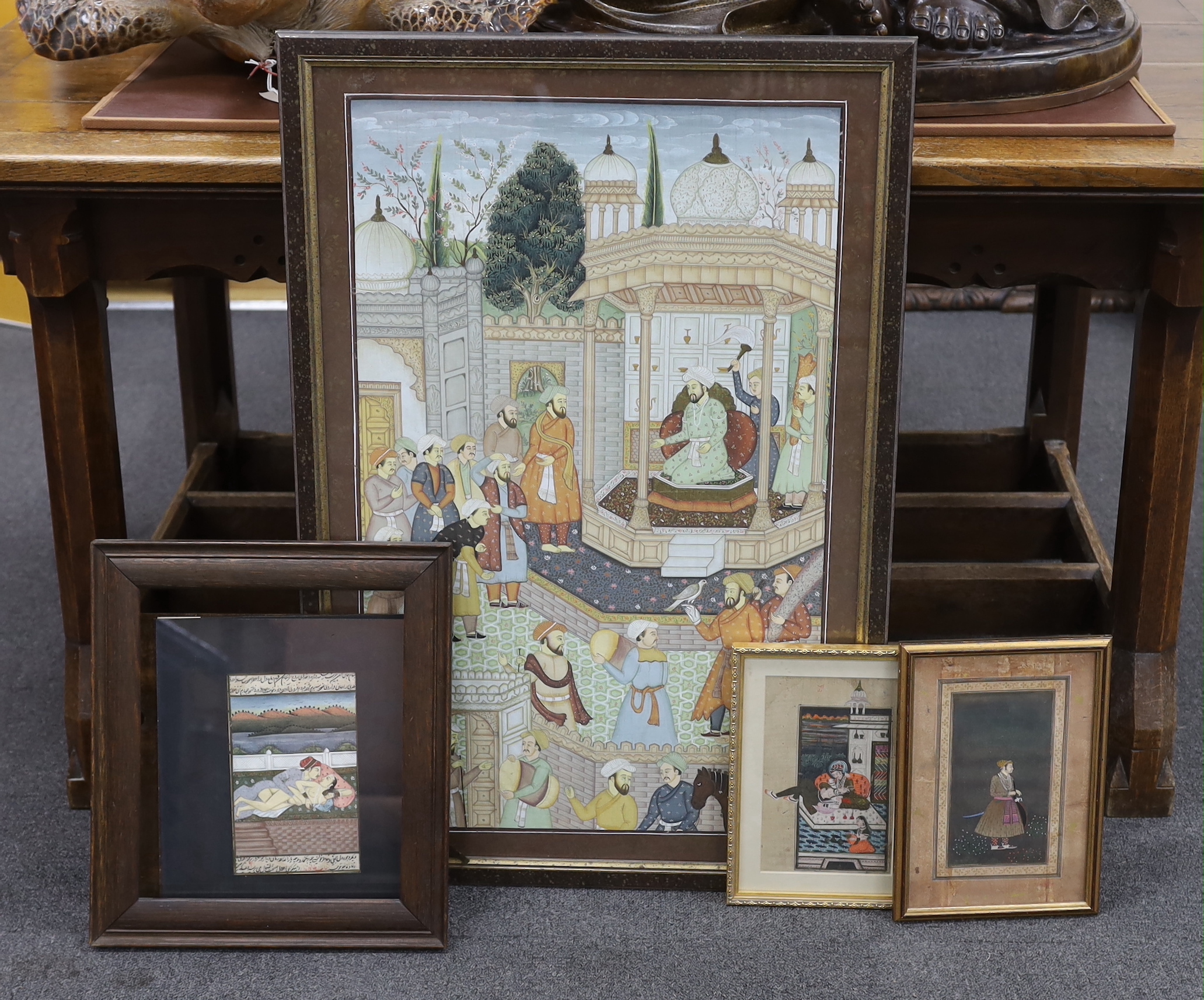 Four Indian or Persian watercolours, Attendants with Emperor, figures and lovers, largest 74 x 45cm